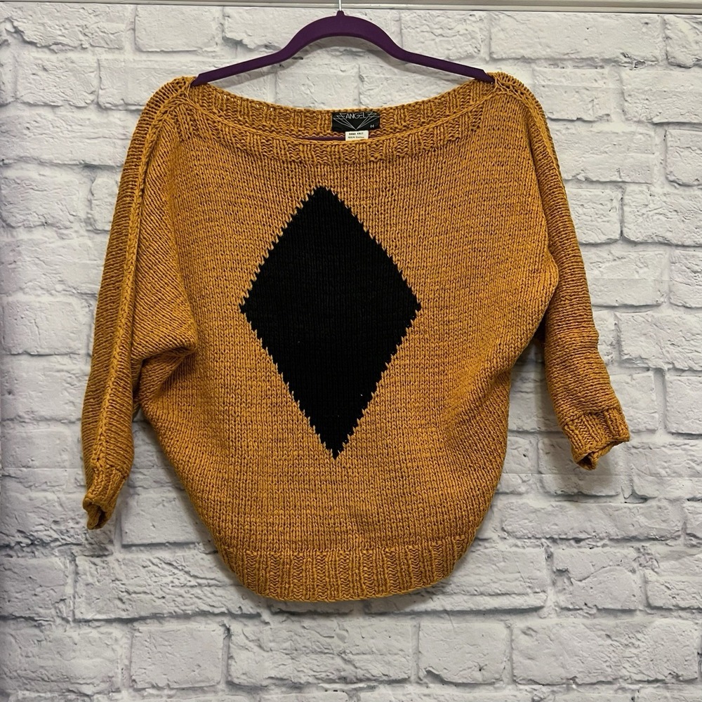 VTG Angel Boat Neck Knit Sweater Yellow Diamond Pattern Batwing 80s Retro Size M